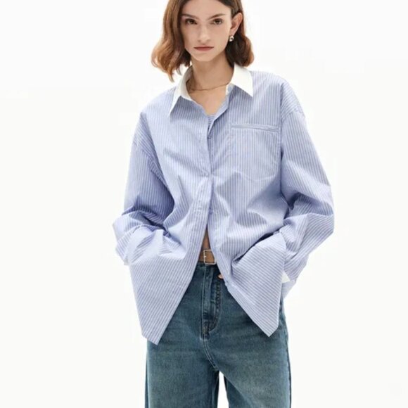 Nao Striped Shirt in Cotton Poplin, Blue Stripe, Size S - Picture 10 of 13